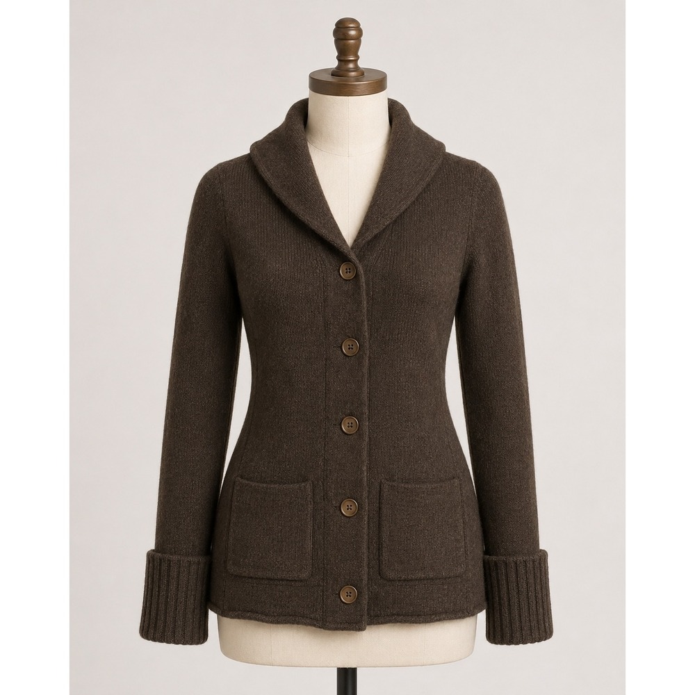 Eddie Bauer Cardigan Sweater Womens Medium Brown Lambswool Angora Shawl Collar